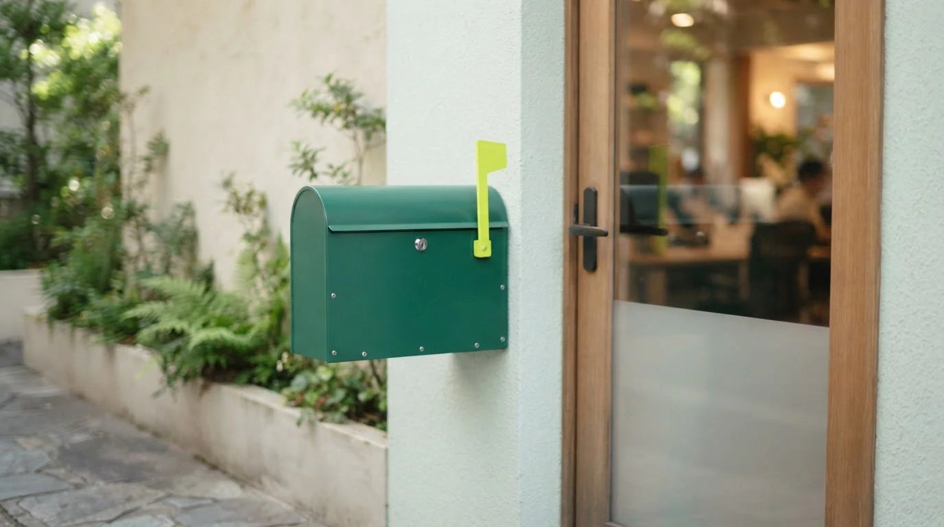 Briefkasten mit hochgestelltem Fähnchen vor einem zurückhaltenden Bürohintergrund