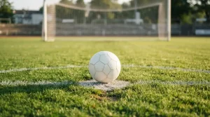 Fußball auf markiertem Elfmeterpunkt mit Tor und Rasenlinien im Hintergrund
