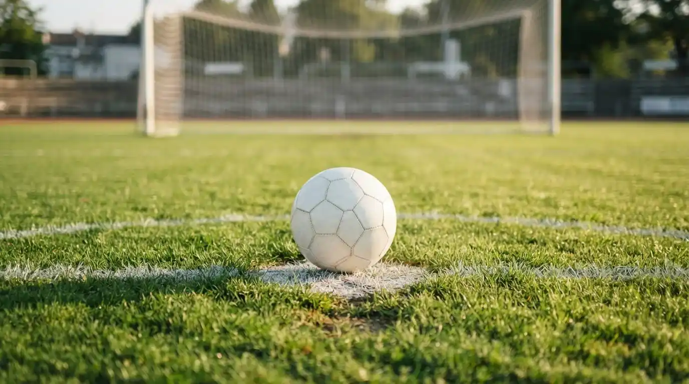 Fußball auf markiertem Elfmeterpunkt mit Tor und Rasenlinien im Hintergrund