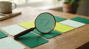 Vergrößerungsglas auf einzelnen Karten mit Fragezeichen und Sportbegriffen