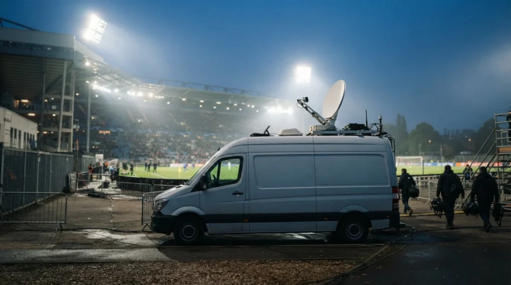 Übertragungswagen neben einer Stadiontribüne während eines abendlichen Fußballspiels