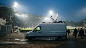 Übertragungswagen neben einer Stadiontribüne während eines abendlichen Fußballspiels
